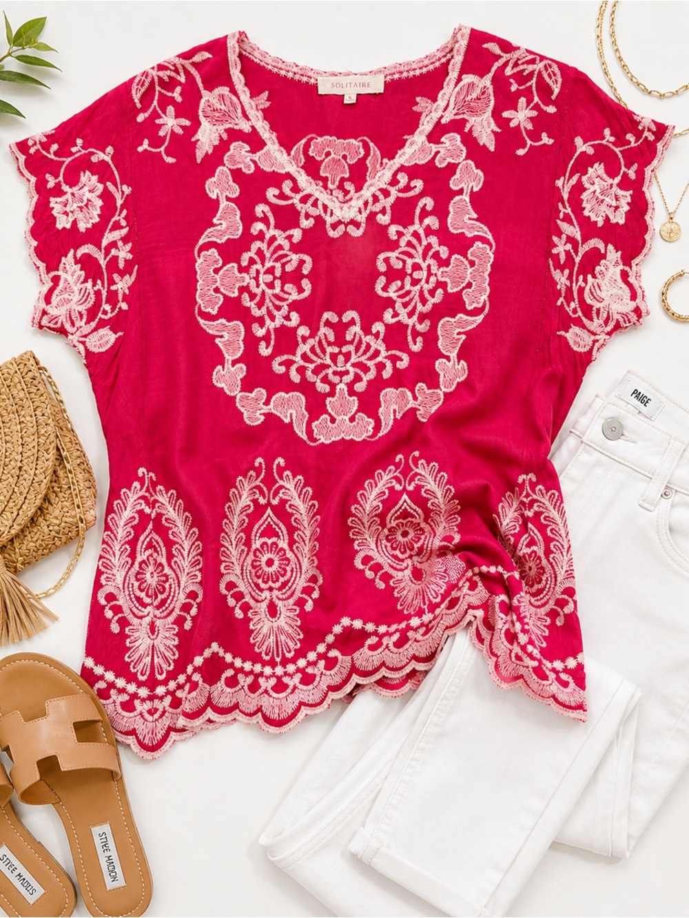Solitaire Anthropologie Embroidered Boho Top Pink White Scalloped Hem Size Small
